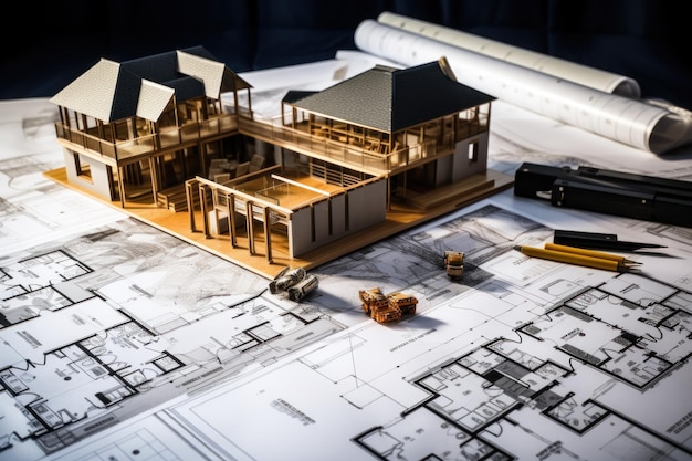 House models sit on top of several different architects drawings and floor plan