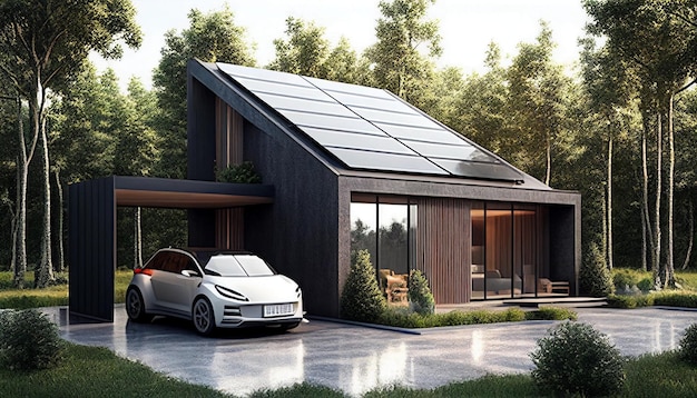 House in modern architecture surrounded by flora and solar panels Generative AI is charging the electric automobile close to the house using a charger