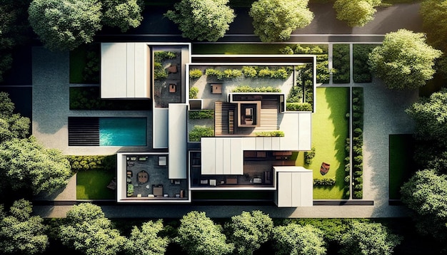 House in modern architecture surrounded by flora and solar panels Generative AI is charging the electric automobile close to the house using a charger