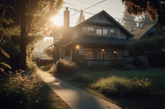 A house in the morning with the sun setting behind it