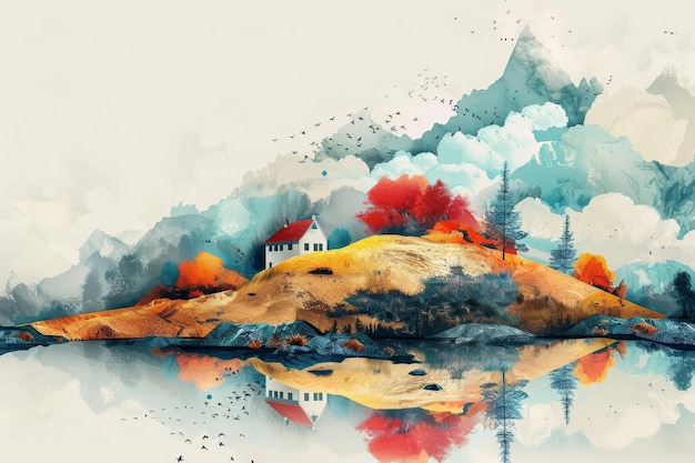 House on a Mountain Lake with Watercolor Style