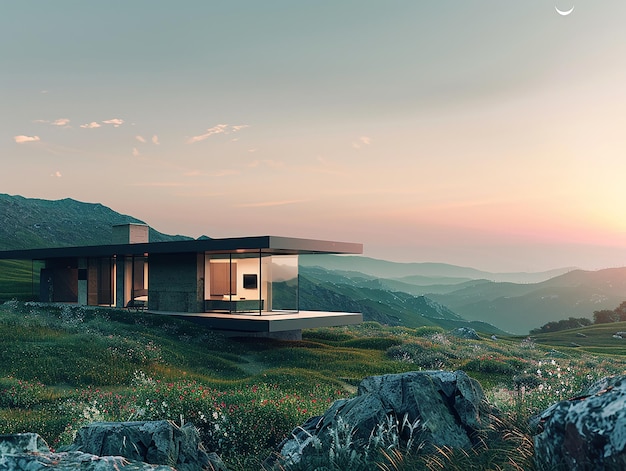 Photo a house on a mountain with mountains in the background