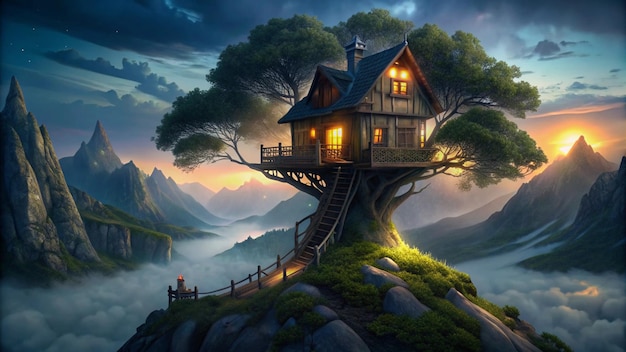 a house on a mountain with a tree on the top