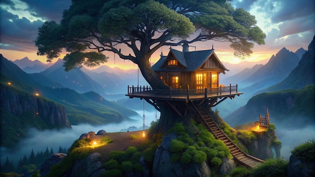 a house on a mountain with a tree on the top