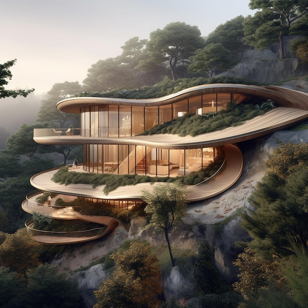 A house on a mountain with a tree on the top