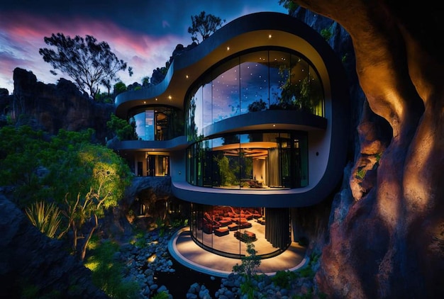 A house in the mountains that has a large glass window that says'the house is on a cliff '