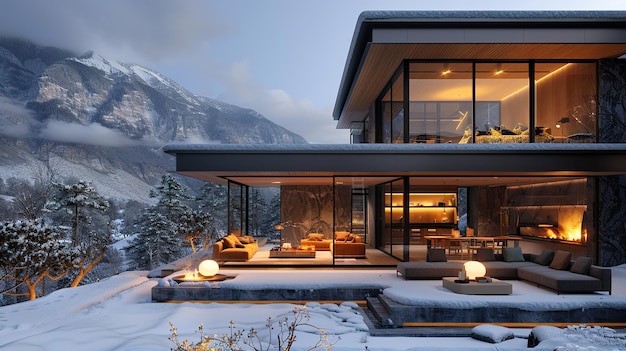 a house in the mountains with a large outdoor fireplace