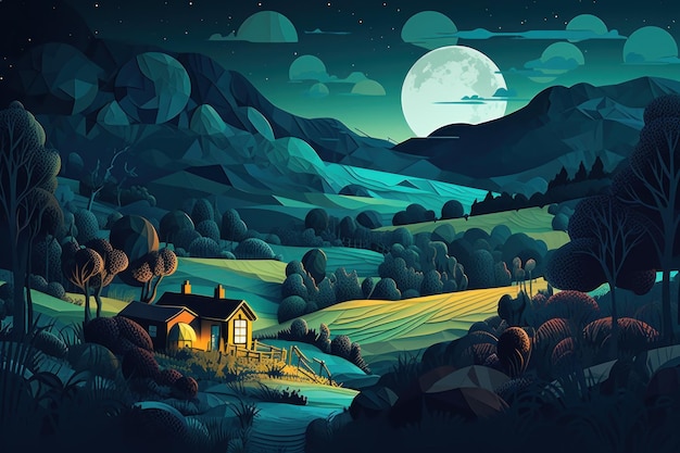 A house in the mountains with the moon behind it