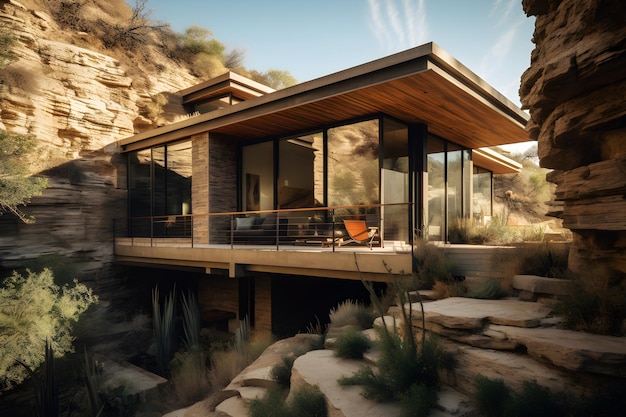 A house in the mountains with a view of the mountains.