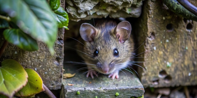 House Mouse Mus musculus gets into the room through a hole in the wall Of the hole until only the head is visible