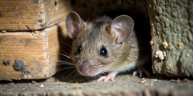 House Mouse Mus musculus gets into the room through a hole in the wall Of the hole until only the head is visible