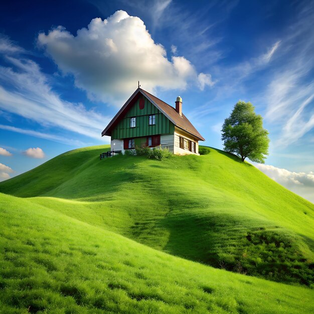 A house on a natural green hill beautiful image