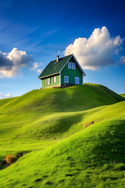 A house on a natural green hill beautiful image