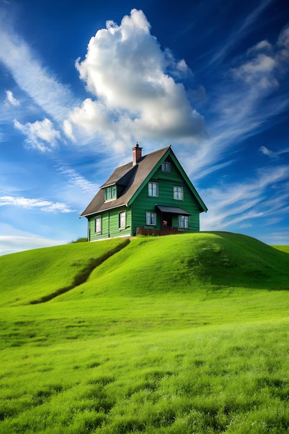 A house on a natural green hill beautiful image