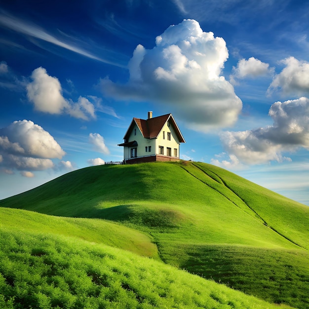 A house on a natural green hill beautiful image