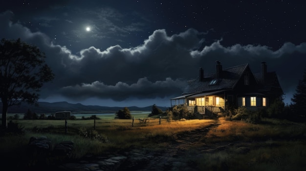 House at Night Majestic Landscape of a Residential Estate Under Cloudy Night Sky