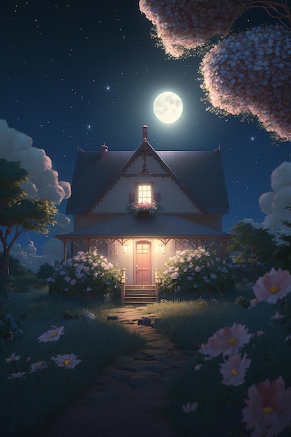 A house in the night with the moon in the background