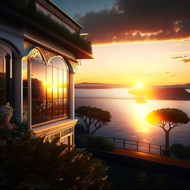 House overlooking the sea with sunset Generative AI