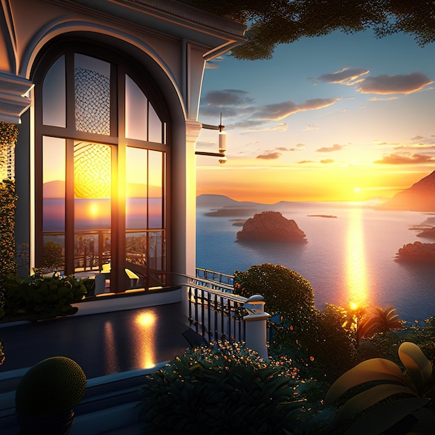 House overlooking the sea with sunset Generative AI