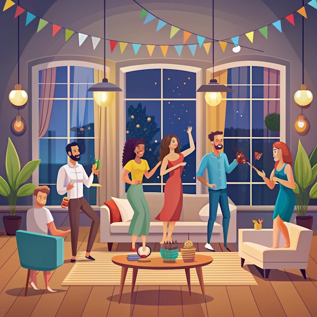 Photo house party flat color vector illustration house celebration night event with drinks and music housewarming evening recreation time living room 2d cartoon interior