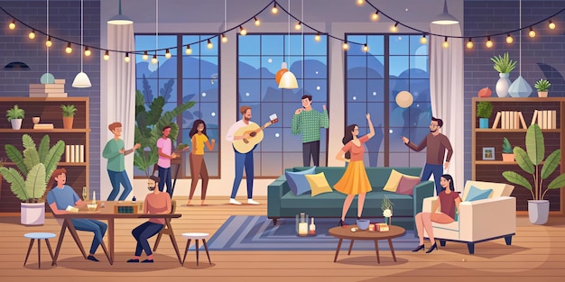 Photo house party flat color vector illustration house celebration night event with drinks and music housewarming evening recreation time living room 2d cartoon interior