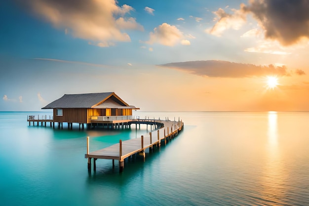 A house on a pier with a sunset in the background