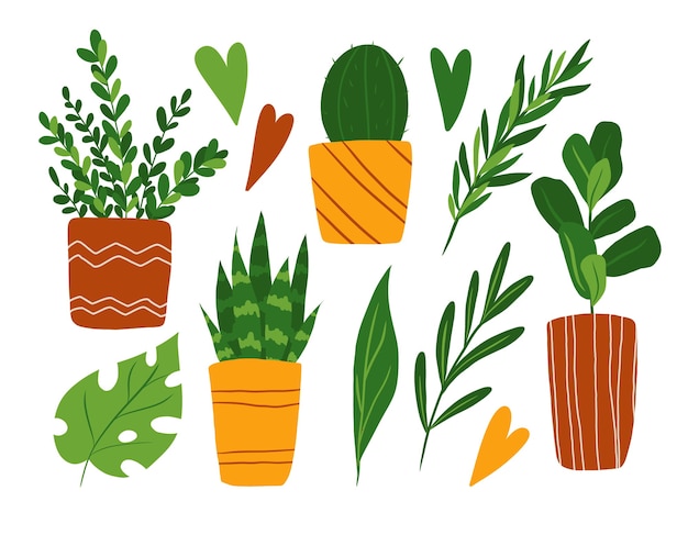 House plant clip art set isolated on white Hand drawn in flat style potted flowers collection