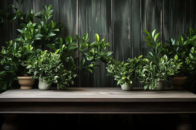 House plant Empty old wooden table with green leaves for display products on a blurred background