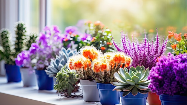 House plants on window Cactus blue flower violet carnation succulent cala Home flower beckgro