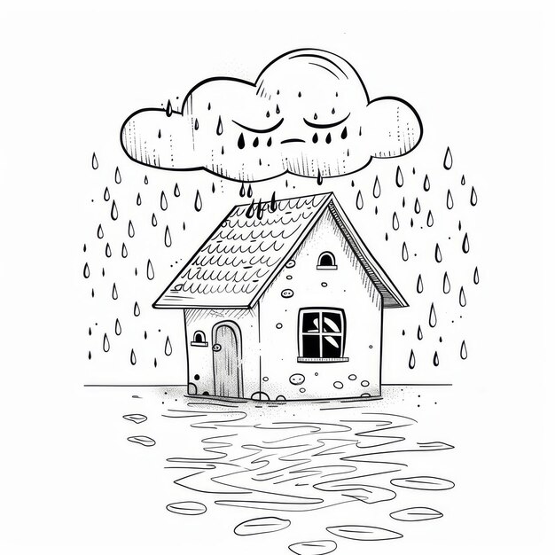 Photo house in the rain hand drawn vector illustration in sketch style