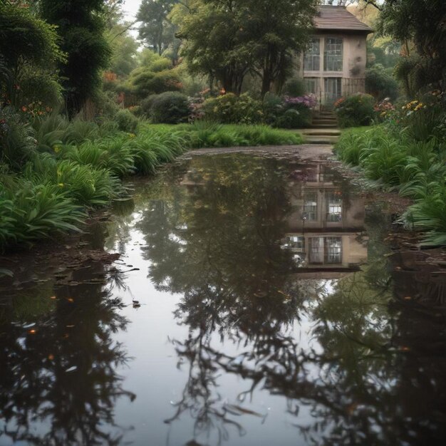 a house reflected in a puddle with a reflection of a house in the water