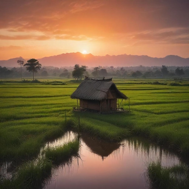 a house in a rice field with a reflection of mountains in the water