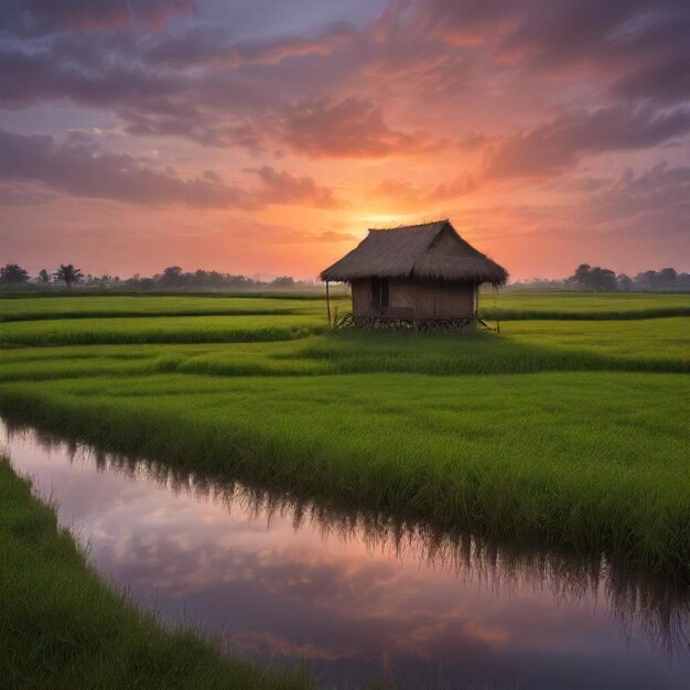 a house in a rice field with a sky background