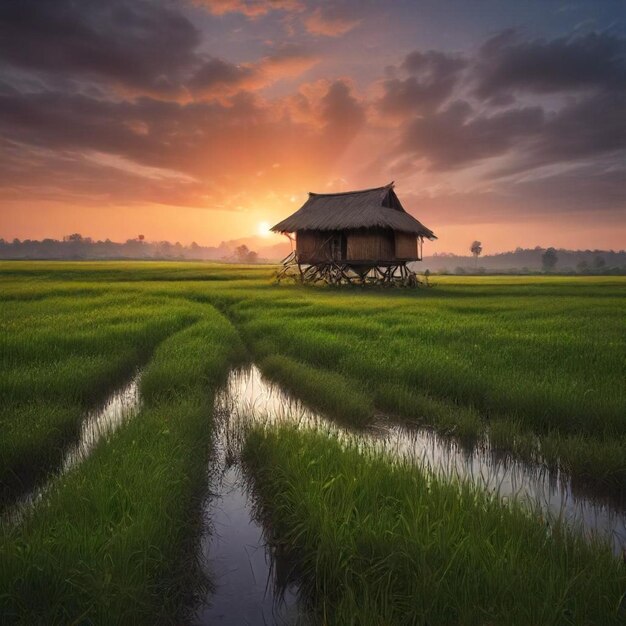 a house in a rice field with a sky background