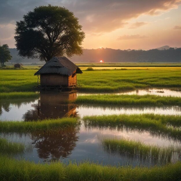 a house in a rice field with a tree in the background