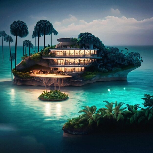 A house on a rock with a palm tree in the middle