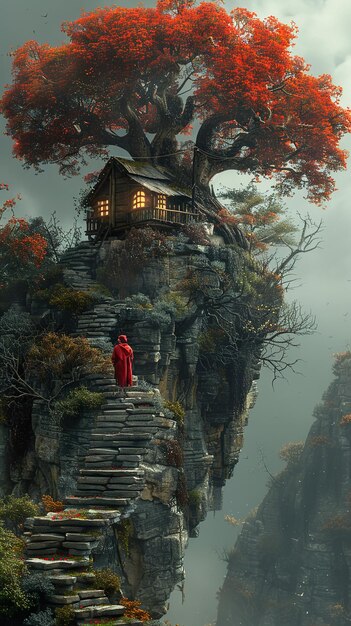 a house on a rock with a tree on the top of it