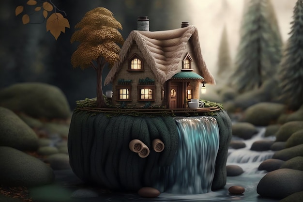 A house on a rock with a waterfall in the background