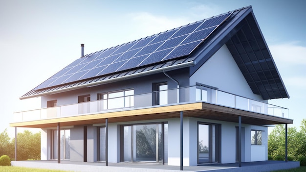 House roof with solar panels installed in the suburban area