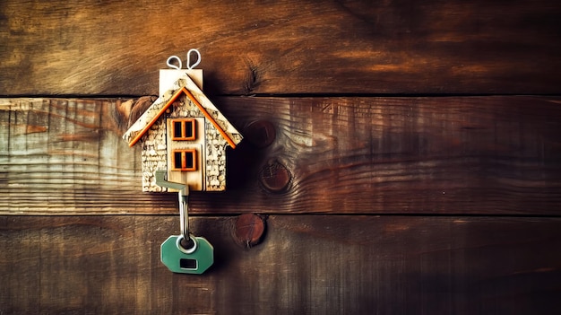 House shaped keychain hanging from hook on wooden wall