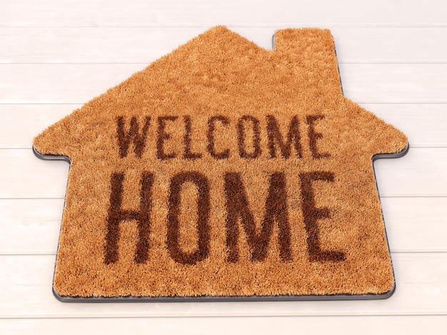 House shaped Welcome mat on wooden floor