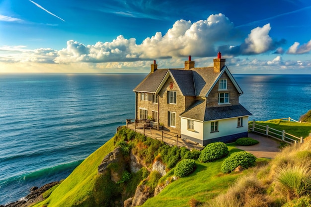 a house sits on a cliff overlooking the ocean