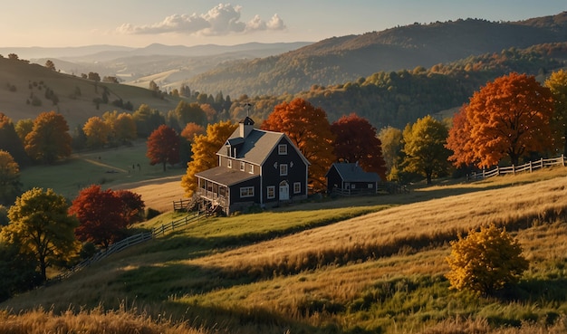 a house sits on a hill with a forest in the background