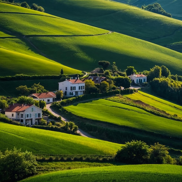 Photo a house sits on a hill with a red roof and a house on the side