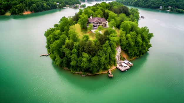 A house on a small island in the middle of a lake