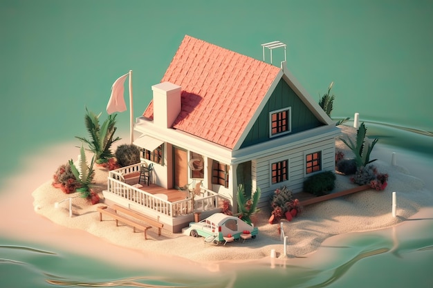 A house on a small island with a red roof and a flag on it.