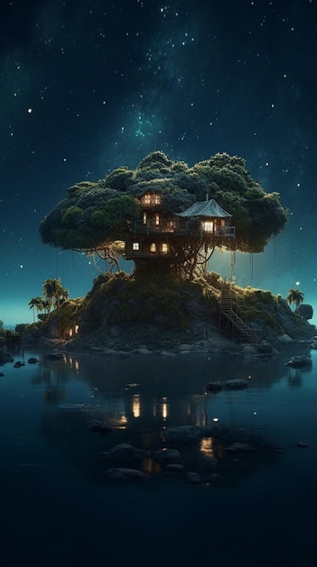 A house on a small island with a starry sky