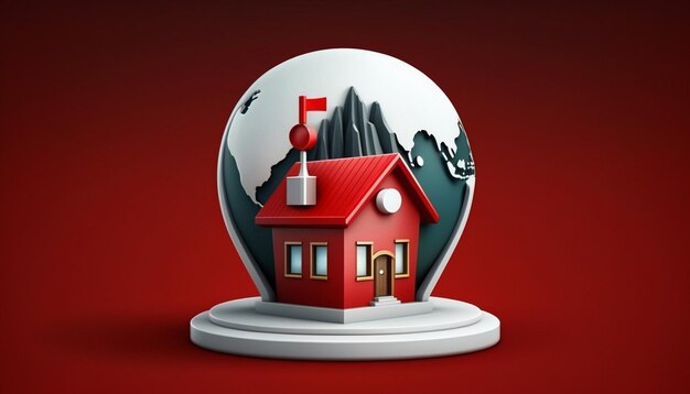 A house in a snow globe with a mountain in the background.