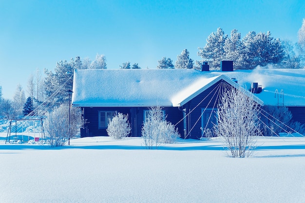 House at Snow Winter Forest at Christmas, Finland, Lapland