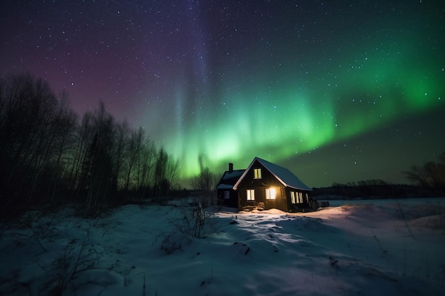 A house in the snow with the aurora borealis in the background